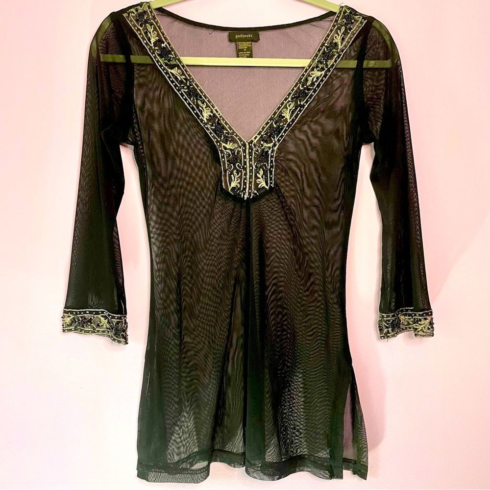Vintage Gadzooks Size M Black Mesh Beaded Blouse Witchy Whimsigoth Grunge